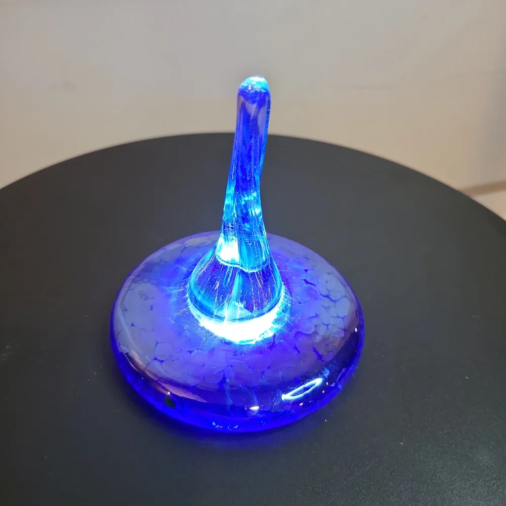 Blue Iridescent Art Glass Signed Ring Holder Hand Blown 3